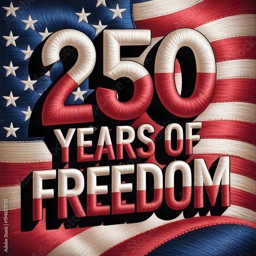 American Flag of Freedom: A patriotic emblem, the stars and stripes proudly wave behind the declaration of 250 years of freedom, an emblematic symbol of independence and national pride.