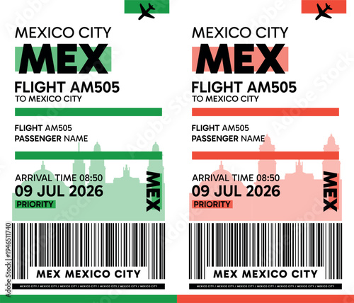 MEX, Mexico City, Mexico luggage label, boarding pass template. Vector minimalist illustration with airport code, city destination, flight info. Flat, modern image layout