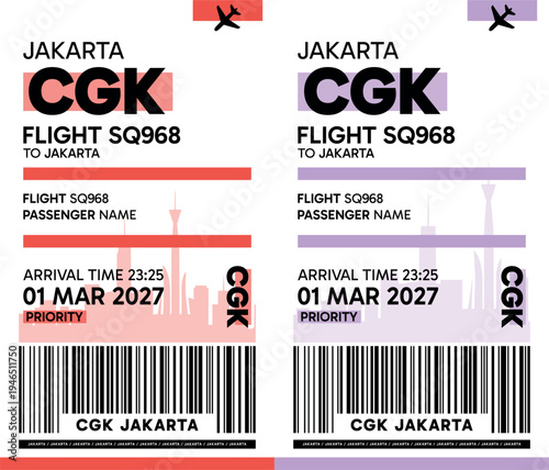 CGK, Jakarta, Indonesia luggage label, boarding pass template. Vector minimalist illustration with airport code, city destination, flight info. Flat, modern image layout
