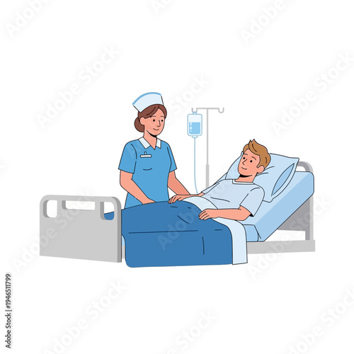 Nurse Caring for Patient in Hospital Bed with IV Drip - Medical Illustration