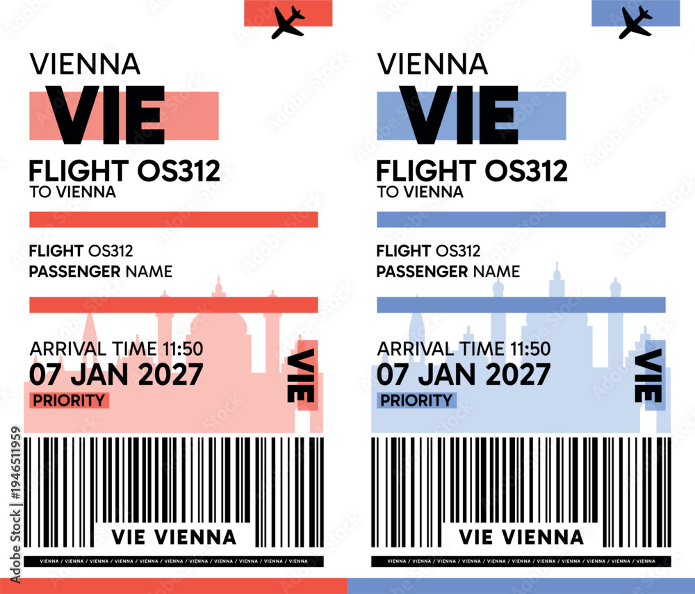 custom made wallpaper toronto digitalVIE, Vienna, Austria luggage label, boarding pass template. Vector minimalist illustration with airport code, city destination, flight info. Flat, modern image layout