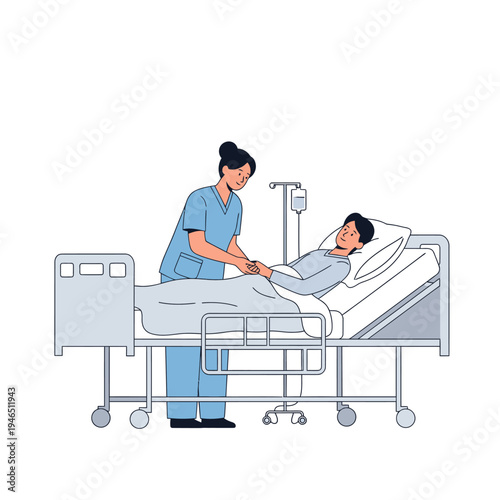 Nurse comforting patient in hospital bed with IV drip, medical care and support