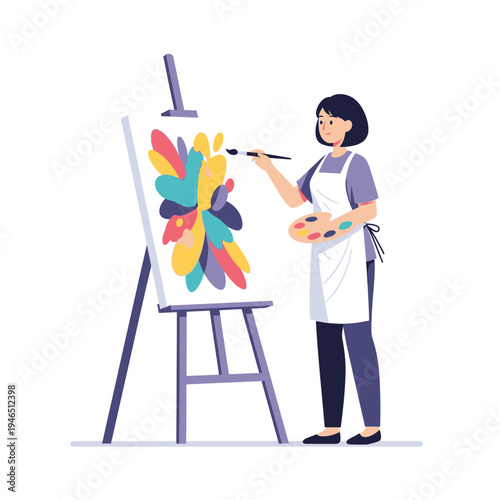 Woman painting abstract art on canvas with easel and palette, creative hobby