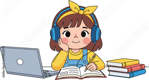 Cute School Girl Studying with Laptop and Headphones, Writing Notes in Notebook, Online Learning and Distance Education Cartoon Vector Illustration