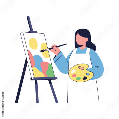 Artist painting abstract art on canvas with easel and palette