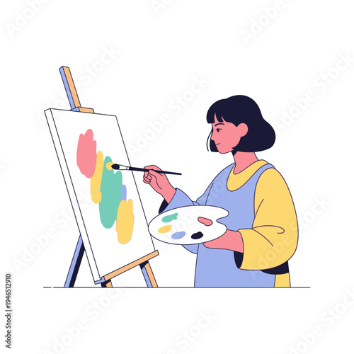 Artist painting abstract shapes on canvas with colorful palette and easel