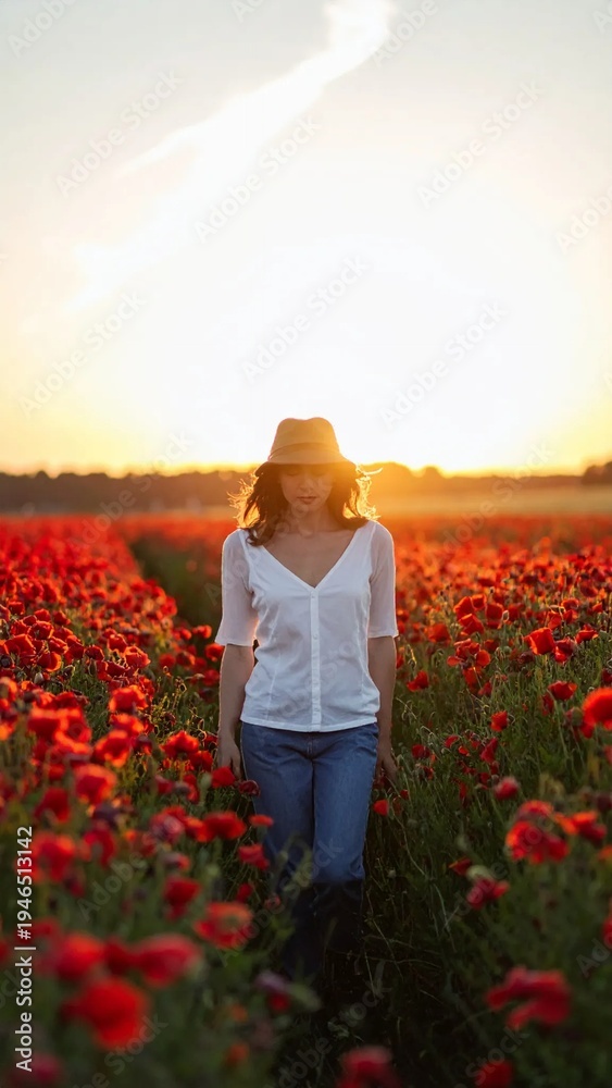 Fototapeta premium Woman in hat walking through a vibrant red poppy field at sunset.