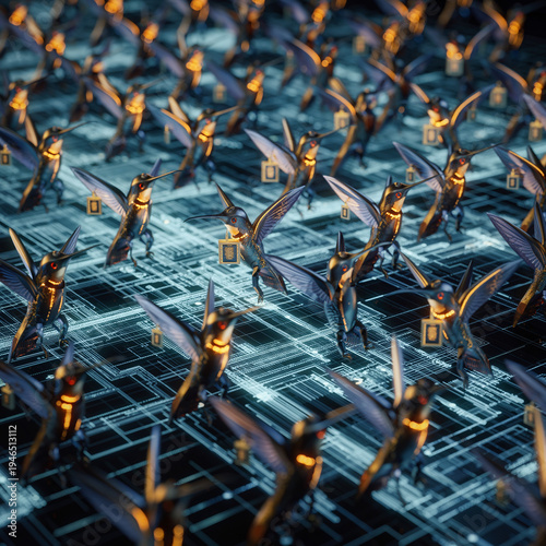 Robotic insects gather on a digital surface during a tech showcase in a modern city setting