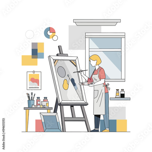 Artist painting on canvas easel in studio, creative hobby, art supplies