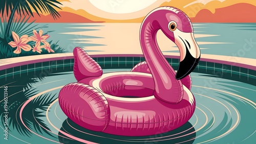Flamingo Pool Float Relaxation: A vibrant flamingo-shaped pool float lazily bobs in the inviting turquoise waters of a pool.