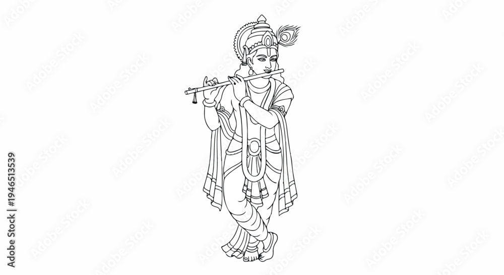 Obraz premium Line drawing of a Hindu deity playing a flute in traditional attire with a serene expression on a white background.