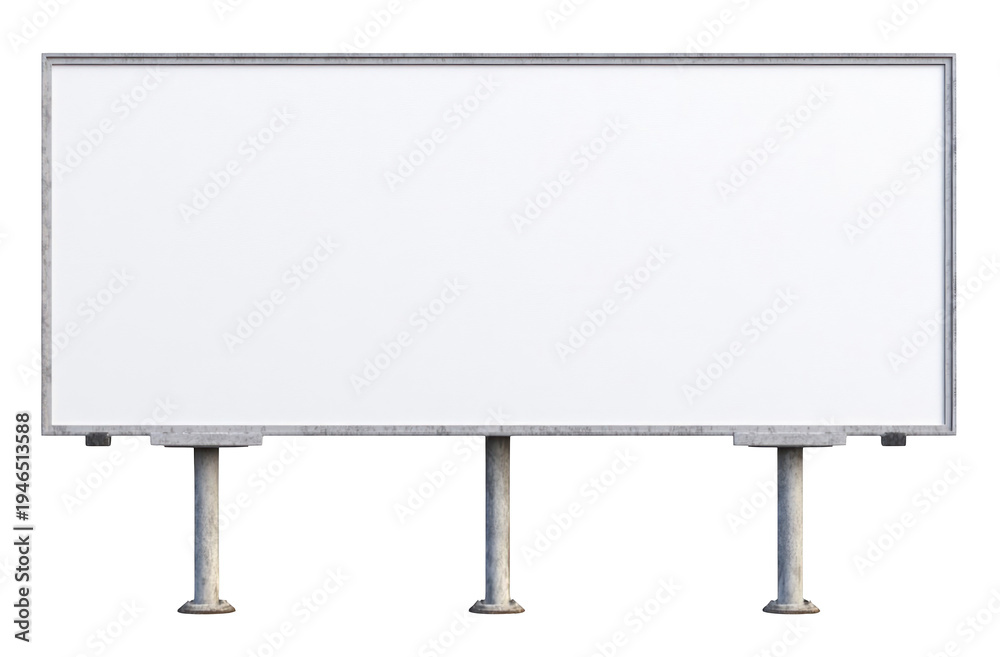 Fototapeta premium Empty large horizontal billboard structure with white copy space supported by metal posts isolated on white or transparent background. PNG die-cut for advertising