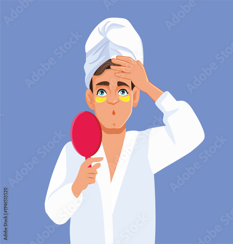 Funny Man Holding Mirror Applying Eye Mask Vector Illustration. Surprised man feeling surprised about beauty procedures 
