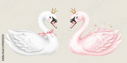 Cute Royal Swan Couple with Crowns Romantic Love Illustration Featuring White and Pink Swans with Elegant Feathers