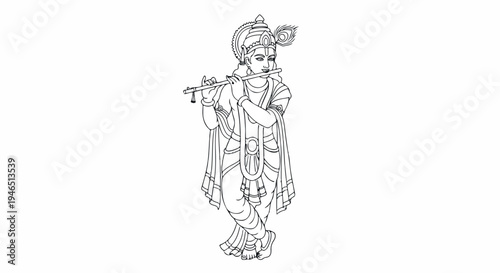 Line drawing of a Hindu deity playing a flute in traditional attire with a serene expression on a white background.