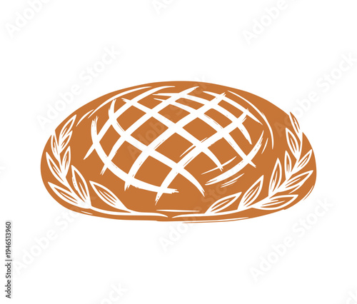 Sourdough bread boule vector illustration drawing, hand-drawn sketch style artisan bakery logo icon, minimalist rustic crusty loaf with wheat stalks graphic
