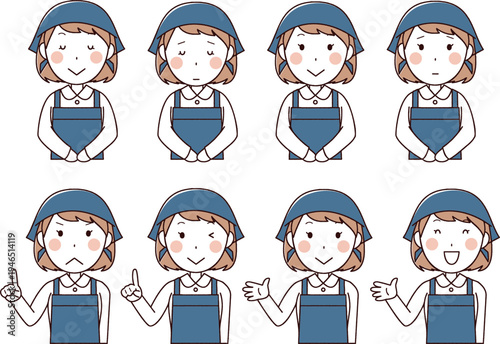 青エプロンの女性のイラストセット(三角巾あり)