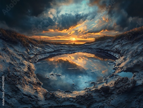 Dramatic sunset mirrored in still waters of a rugged landscape evoking peace