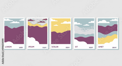 Vibrant abstract landscape illustrations with purple mountains yellow skies and white clouds on gray background