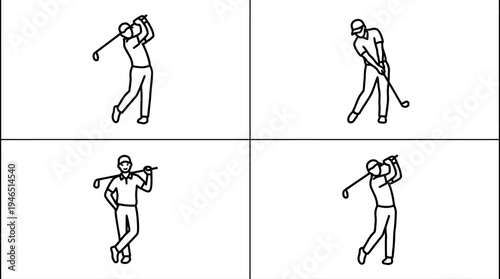 Four line‑drawn golf scenes showing swing, preparation, equipment, and mid‑swing, symbolizing sport technique, practice, and recreational play.