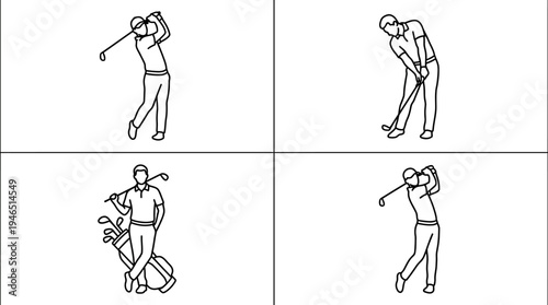 Four line‑drawn golf scenes showing swing, preparation, equipment, and mid‑swing, symbolizing sport technique, practice, and recreational play.