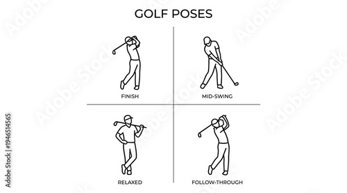 Four line‑drawn golf scenes showing swing, preparation, equipment, and mid‑swing, symbolizing sport technique, practice, and recreational play.