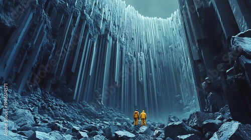 Explorers dwarfed by geological formations in a captivating blue landscape