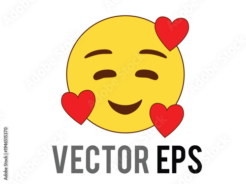 Smiling flat emoji icon with closed eyes and three red hearts, conveying love and affection
