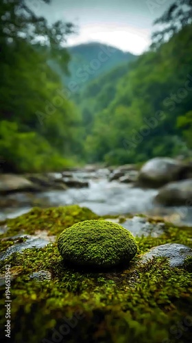 Mossy rock serenely observes a mountain stream flowing through a vibrant forest