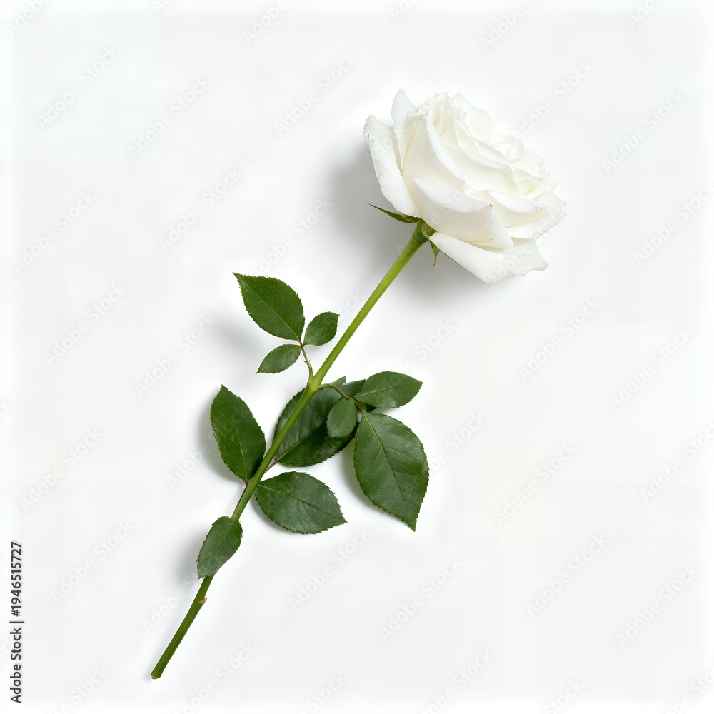 Obraz premium Single Elegant White Rose with Long Stem and Fresh Green Leaves on White