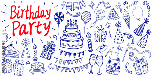 Hand drawn birthday party doodles and elements in blue ink