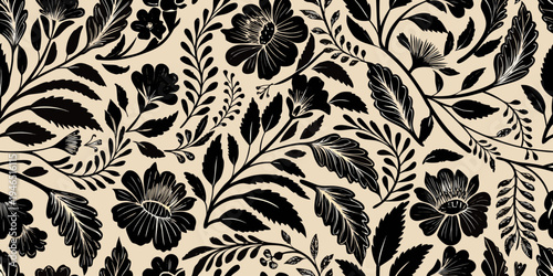 Intricate black floral pattern on a beige background seamless design