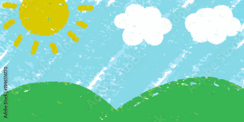 A child s drawing depicts a bright sun fluffy clouds and green hills