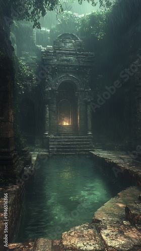 Eerie Temple Pool Under Canopy: A Hidden Sanctuary's Mysterious Serenity