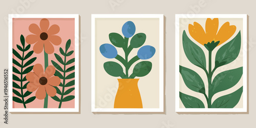 A set of three minimalist botanical wall art prints with colorful flowers