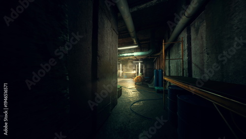 warm lit service corridor with piping and barrels, wet floor reflections, industrial shelving, procedural maintenance mood, late shift atmosphere