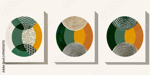 Abstract geometric art featuring three oval shaped compositions