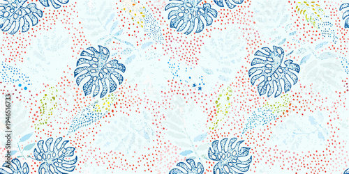 Stylized tropical monstera leaves with scattered dots on a light background