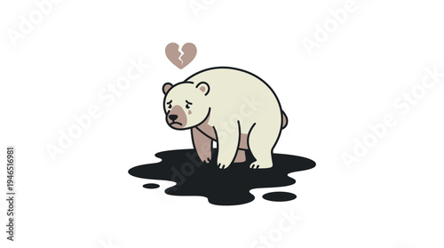 sad polar bear sitting in oil spill with broken heart