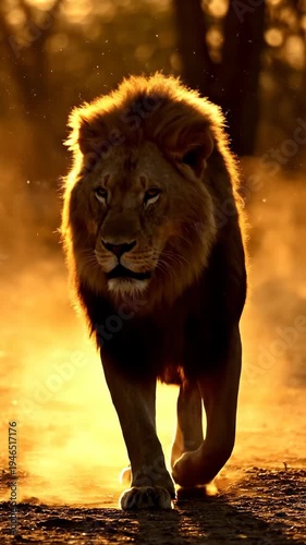 A male lion strides through a dusty landscape at sunset