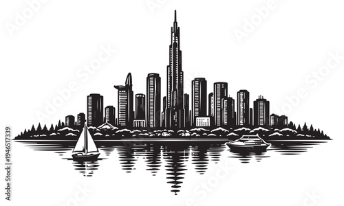 Ho Chi Minh City Skyline Silhouette with Scenery, Silhouette Vector, Isolated on White Background