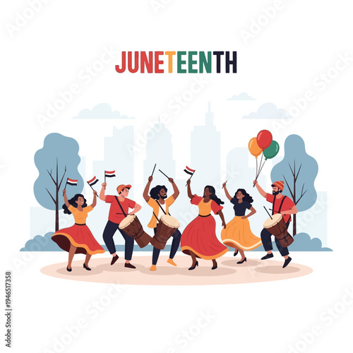 A vibrant Juneteenth celebration unfolds with diverse people joyfully dancing, playing drums, and waving flags, commemorating freedom and unity.
