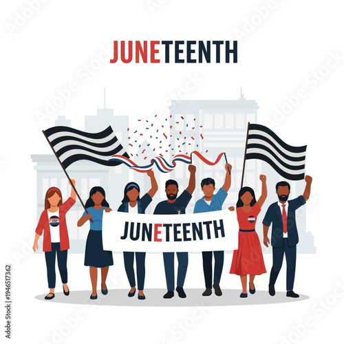 This illustration shows a diverse group proudly celebrating Juneteenth, the federal holiday marking the emancipation of enslaved African Americans and freedom.