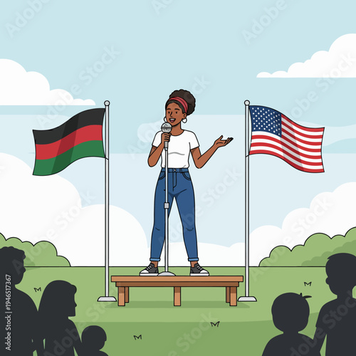 A powerful Black woman delivers an inspiring speech at an outdoor Juneteenth celebration, flanked by Pan-African and American flags, uniting a diverse community.
