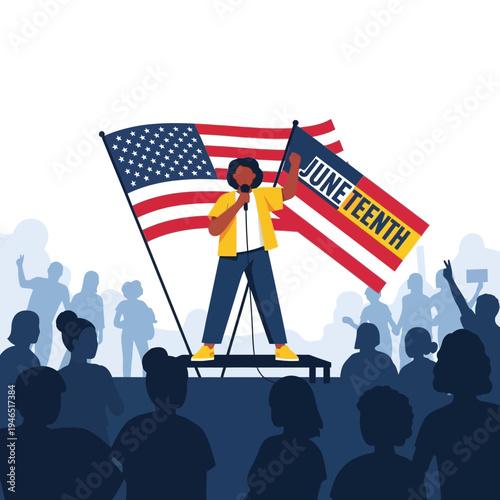 A powerful illustration portrays a speaker passionately addressing a diverse crowd, celebrating Juneteenth with flags, symbolizing freedom and unity for all.