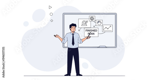 Businessman presenting a finished plan with charts on a whiteboard