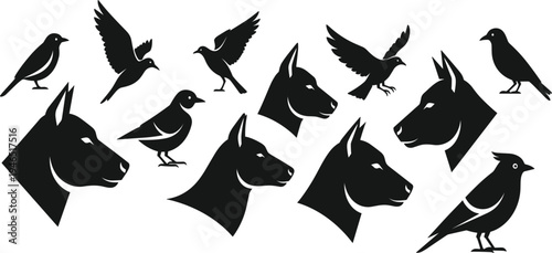 Doberman Dog and Bird Silhouette Set with Flying and Standing Animal Shapes for Logo Design, Mascots, Pet Branding, Wildlife Graphics, and Vector Illustration