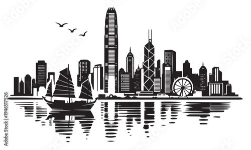 Hong Kong Skyline Silhouette with Scenery, Silhouette Vector, Isolated on White Background