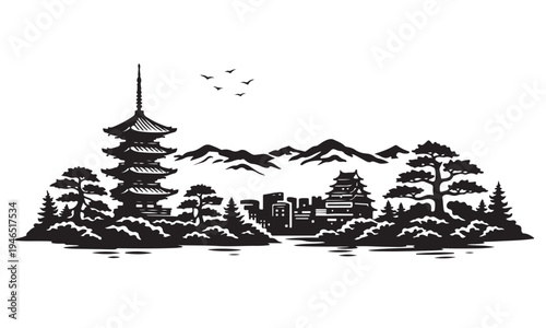 Kyoto Skyline Silhouette with Scenery, Silhouette Vector, Isolated on White Background