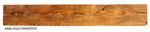 A detailed top-down view of a single rustic wooden board isolated on a clean white background. The warm brown surface shows a beautiful natural grain, knots, and texture. Perfect for backgrounds.